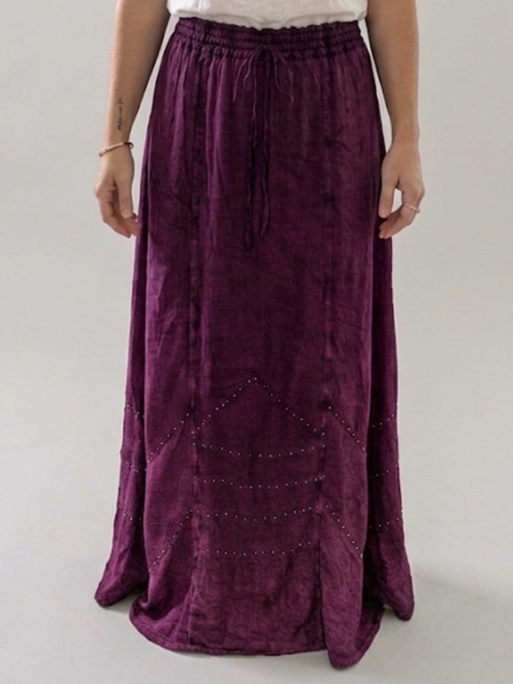 Vintage Kaush Boho Acid Wash Plum Studded Scrunch Waist Flowy Maxi Skirt OS